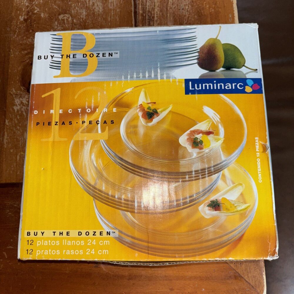 Luminarc 12 Piece Set 9.5" Dinner Plates Break Resistant Clear Glass 24 Cm New